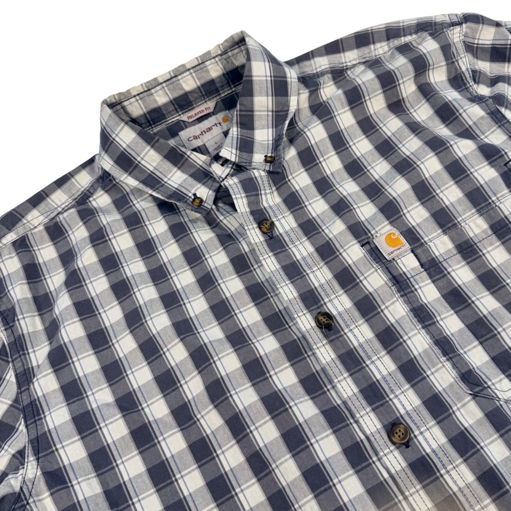 Carhartt Mens L Relaxed Fit Plaid Short Sleeve Button Down Shirt Navy White